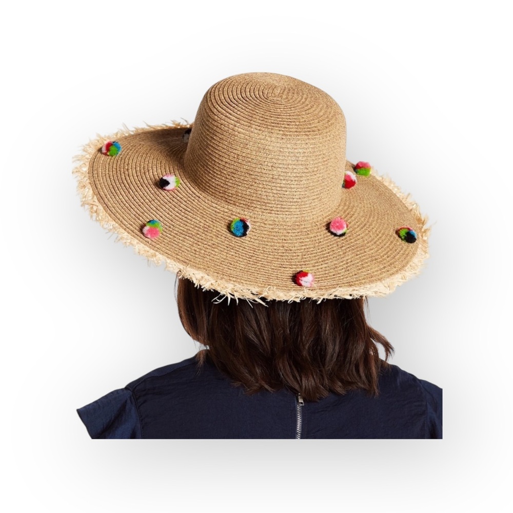 new ✶ Pom Pom Embellished ✶ Raffia Straw Wide Brim Sun Hat ✶ Resort Cruise Chic - Picture 1 of 16